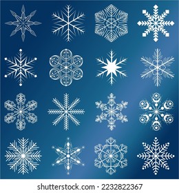 conjunto de 16 copos de nieve blancos vectoriales en un fondo azul nocturno