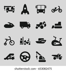 Set of 16 vehicle filled icons such as airport bus, truck crane, child bicycle, boat, rocket, excavator, tractor, crane, truck with hook, forklift, truck