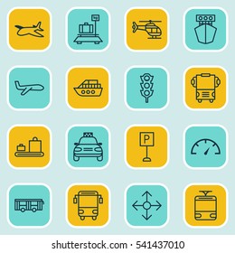 Set Of 16 Vehicle Icons. Includes Flight Vehicle, College Transport, Baggage Carousel And Other Symbols. Beautiful Design Elements.