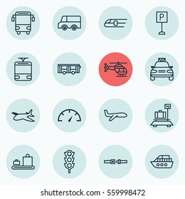 Set Of 16 Vehicle Icons. Includes Streetcar, Baggage Carousel, Vehicle And Other Symbols. Beautiful Design Elements.