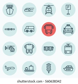 Set Of 16 Vehicle Icons. Includes Metro, Stoplight, College Transport And Other Symbols. Beautiful Design Elements.