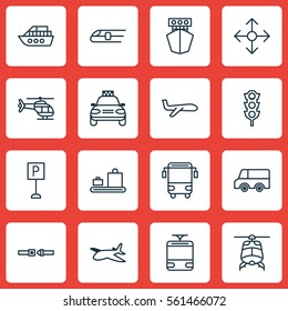 Set Of 16 Vehicle Icons. Includes Roadsign, Plane, Chopper And Other Symbols. Beautiful Design Elements.