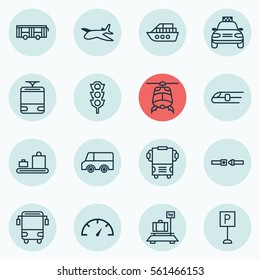 Set Of 16 Vehicle Icons. Includes Baggage, Streetcar, Car Vehicle And Other Symbols. Beautiful Design Elements.
