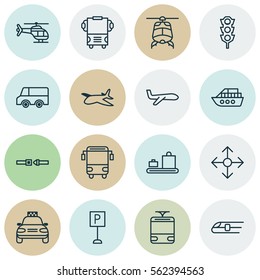 Set Of 16 Vehicle Icons. Includes Boat, Road Pointer, Flight Vehicle And Other Symbols. Beautiful Design Elements.