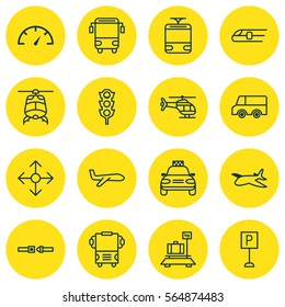 Set Of 16 Vehicle Icons. Includes Plane, Road Pointer, Stoplight And Other Symbols. Beautiful Design Elements.