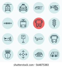 Set Of 16 Vehicle Icons. Includes Streetcar, Road Pointer, Car Vehicle And Other Symbols. Beautiful Design Elements.
