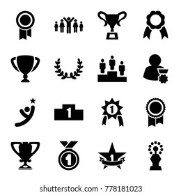 Set of 16 victory filled icons such as ribbon, trophy, ranking, 1st place star, olive wreath, group of people and man celebrating victory, man with medal, number 1 medal