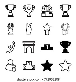 Set of 16 victory outline icons such as star, ranking, trophy, man with medal, medal with star, peace, winner, arc de triomphe