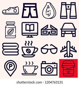 Set of 16 view outline icons such as sneaker, mango, towel, aeroplane, coffee, computer, camera, car, binoculars, jam, parking, herbal, sunglasses, shorts