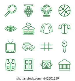  set of 16 view outline icons such as window, toy car, mirror, blouse, sleeveless shirt, tv, grid, pergola, eye, eye scan, spy camera, bank