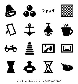 Set of 16 vintage filled icons such as pyramid, bike, perfume, coffee, party flag, photo, chicken, street lamp, hourglass, anchor, bell, canon ball