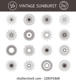 Set of 16 vintage handdrawn sunbursts in different shapes. Vector illustration
