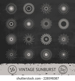 Set of 16 vintage handdrawn sunbursts in different shapes