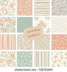 Set of 16 vintage seamless colorful pattern in retro colors. Floral pattern. Hand drawn. Vector pattern can be used for ceramic tile, wallpaper, textile, invitation, greeting card, web page background