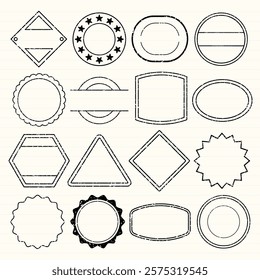 Set of 16 vintage stamp shapes. Stamps include circles, triangles, hexagons, and stars. Ideal for design, crafting, and vintage-themed projects. Black stamps, vector set.
