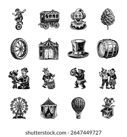 Set of 16 Vintage Style Circus Illustrations

