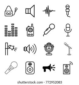 Set of 16 voice outline icons such as megaphone, microphone, equalizer, music equalizer, volume, speaker, music loudspeaker
