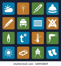 Set of 16 warm filled icons such as baby socks, thermometer, baby cap, hair dryer, no bleaching, winter hat, greenohuse, sparkler, flame, radiator