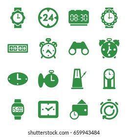 Set of 16 watch filled icons such as alarm, binoculars, wallet, wall clock, wrist watch for woman, 24 hour, pendulum, digital clock