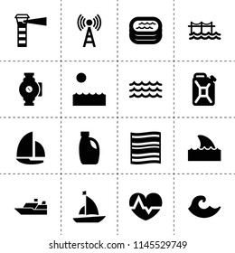 Set of 16 wave filled icons such as car oil, oil can, pump, signal, heartbeat, sea, wave, plaid, sailboat, shark flipper, ship, boat, pool, lighthouse
