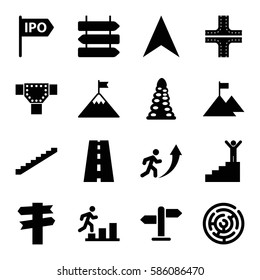 Set of 16 way filled icons such as direction   isolated, stairs, tunnel, road, navigation arrow, direction, man going up, man on stairs, flag on mountain
