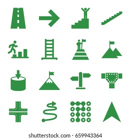 set of 16 way filled icons such as ladder, stairs, road, navigation arrow, direction, curved arrow, man going up, man on stairs