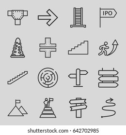 Set of 16 way outline icons such as direction   isolated, ladder, stairs, tunnel, road, direction, curved arrow, man going up