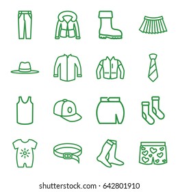 set of 16 wear outline icons such as baby onesie, socks, singlet, jacket, pants, skirt, baseball cap, belt, overcoat, boot, hat, underwear with heart