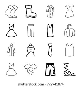 Set of 16 wear outline icons such as boot, baby cap, sandals, singlet, pants, dress, tie, baby onesie, socks, overcoat