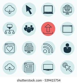 Set Of 16 Web Icons. Includes Data Synchronize, Display, Cursor Tap And Other Symbols. Beautiful Design Elements.