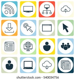 Set Of 16 Web Icons. Includes Save Data, PC, Human And Other Symbols. Beautiful Design Elements.
