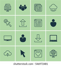 Set Of 16 Web Icons. Includes Virtual Storage, Website Bookmarks, Cursor Tap And Other Symbols. Beautiful Design Elements.