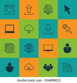 Set Of 16 Web Icons. Includes Team, Computer Network, Website Bookmarks And Other Symbols. Beautiful Design Elements.