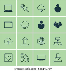 Set Of 16 Web Icons. Includes Data Synchronize, Display, Save Data And Other Symbols. Beautiful Design Elements.