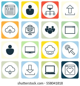 Set Of 16 Web Icons. Includes Computer Network, Account, Cursor Tap And Other Symbols. Beautiful Design Elements.