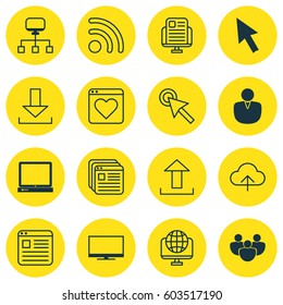 Set Of 16 Web Icons. Includes PC, Mouse, Cursor Tap And Other Symbols. Beautiful Design Elements.