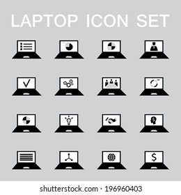 Set of 16 web icons for laptop, computer, electronics, business theme. Vector illustration.