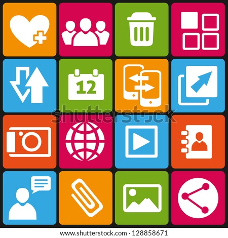 Set of 16 web and social media icons.