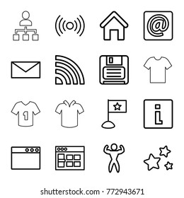Set of 16 website outline icons such as house building, mail, browser window, info, diskette, signal, at email, star, bodybuilder, flag, t-shirt, structure