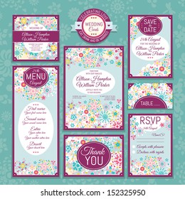 Set 16 of wedding cards. Wedding invitations. Thank you card. Save the date card. Table card. RSVP card and Menu.