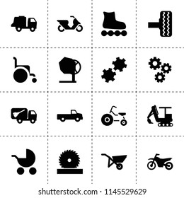 Set of 16 wheel filled icons such as pickup, gear, tire, garbage truck, excavator, whellbarrow, concrete mixer, circular saw, tricycle, wheelchair, baby stroller, motorcycle