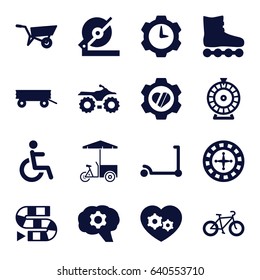 set of 16 wheel filled icons such as wheel barrow, barrow, kick scooter, roulette, circular saw, fast food cart, heart in gear, disabled, gear heart, bicycle