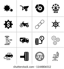 Set of 16 wheel filled and outline icons such as dollar sign in gear, tire, gear, break, tire pressure, garbage truck, ferris wheel, whellbarrow, car toy, helm, motorcycle