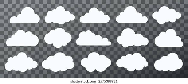 Set of 16 white cloud icons on a transparent background. Cloud shapes vary in size and form. Perfect for weather apps, designs, and cloud-themed projects. Weather element vector set.