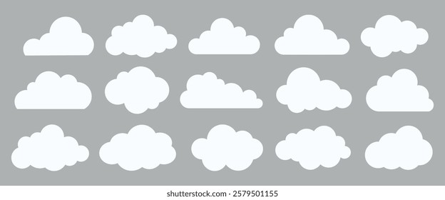 Set of 16 white cloud icons on a gray background. Various cloud shapes, cloud patterns, and cloud designs. Perfect for weather, sky, and nature themes. Weather element vector set.