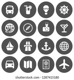 Set of 16 white flat travel icons on gray round background