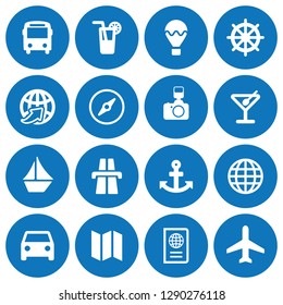 Set of 16 white flat travel icons on round blue background