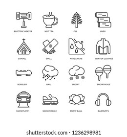 Set Of 16 winter linear icons such as Earmuffs, Snow ball, Snowmobile, Snowplow, Snowshoes, Electric heater, Chapel, Bobsled, Avalanche, editable stroke icon pack, pixel perfect