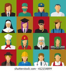 Set of 16 woman job icons in colorful flat style