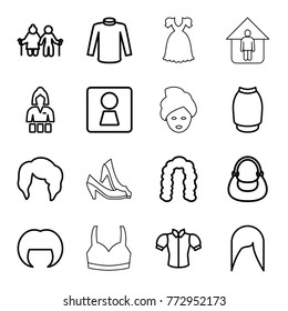 Set of 16 woman outline icons such as woman wc, woman hairstyle, hairstyle, casino girl, sweater, blouse, bag, skirt, old couple, spa mask, shoe, sport bra, dress